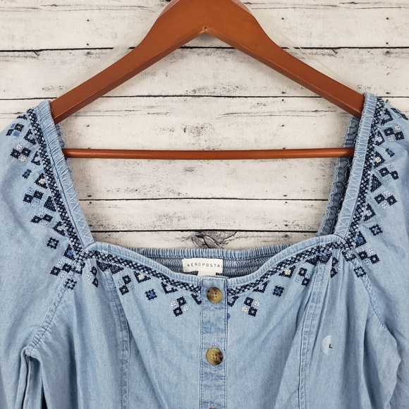 😍Aeropostale | Chambray Long Sleeve Peasant Top - Picture 3 of 6